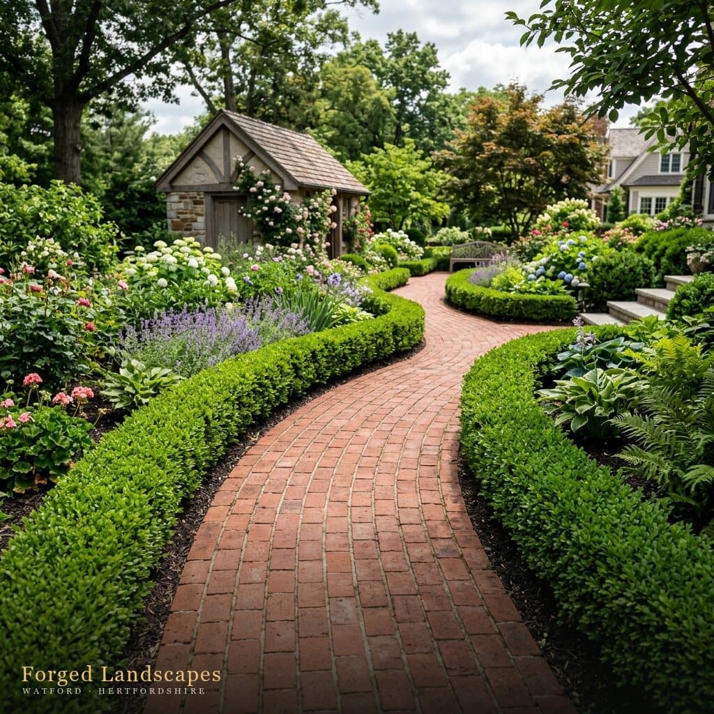 Brick path curving between crisply clipped box hedges