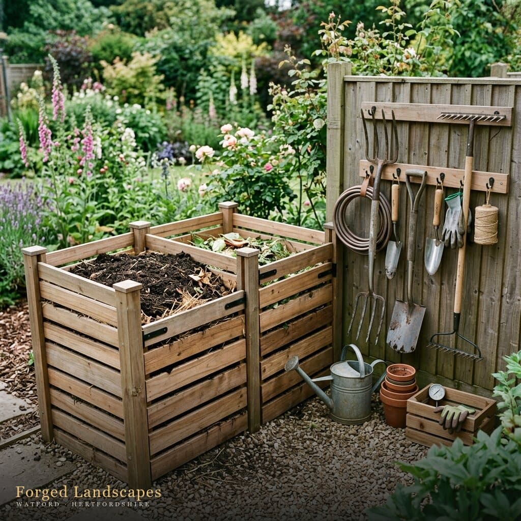 Timber compost bays with garden tools and a watering can