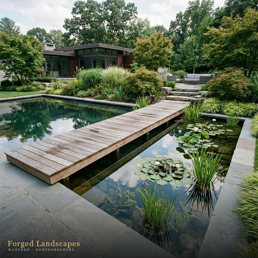Timber deck walkway edging a natural planted swimming pond