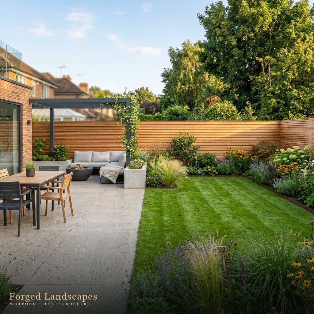 Porcelain patio, steel pergola and striped lawn against a red-brick English home