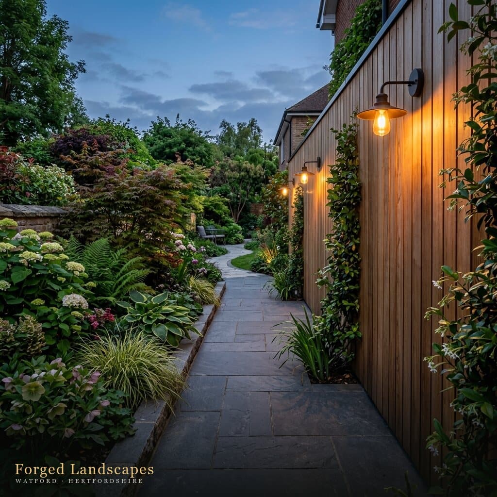 Wall-mounted lantern lighting a planted side passage after dark