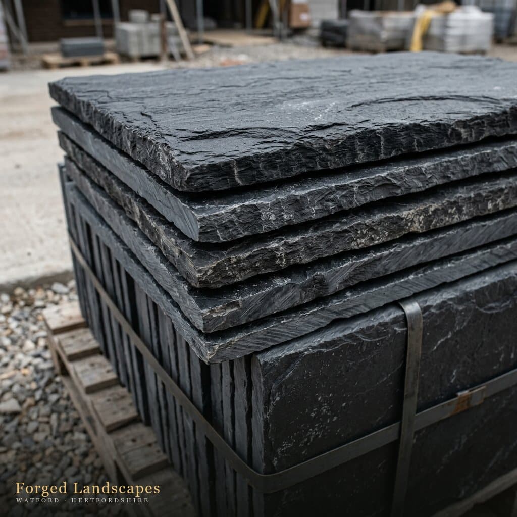 Stacked riven slate paving slabs on a work site — material close-up