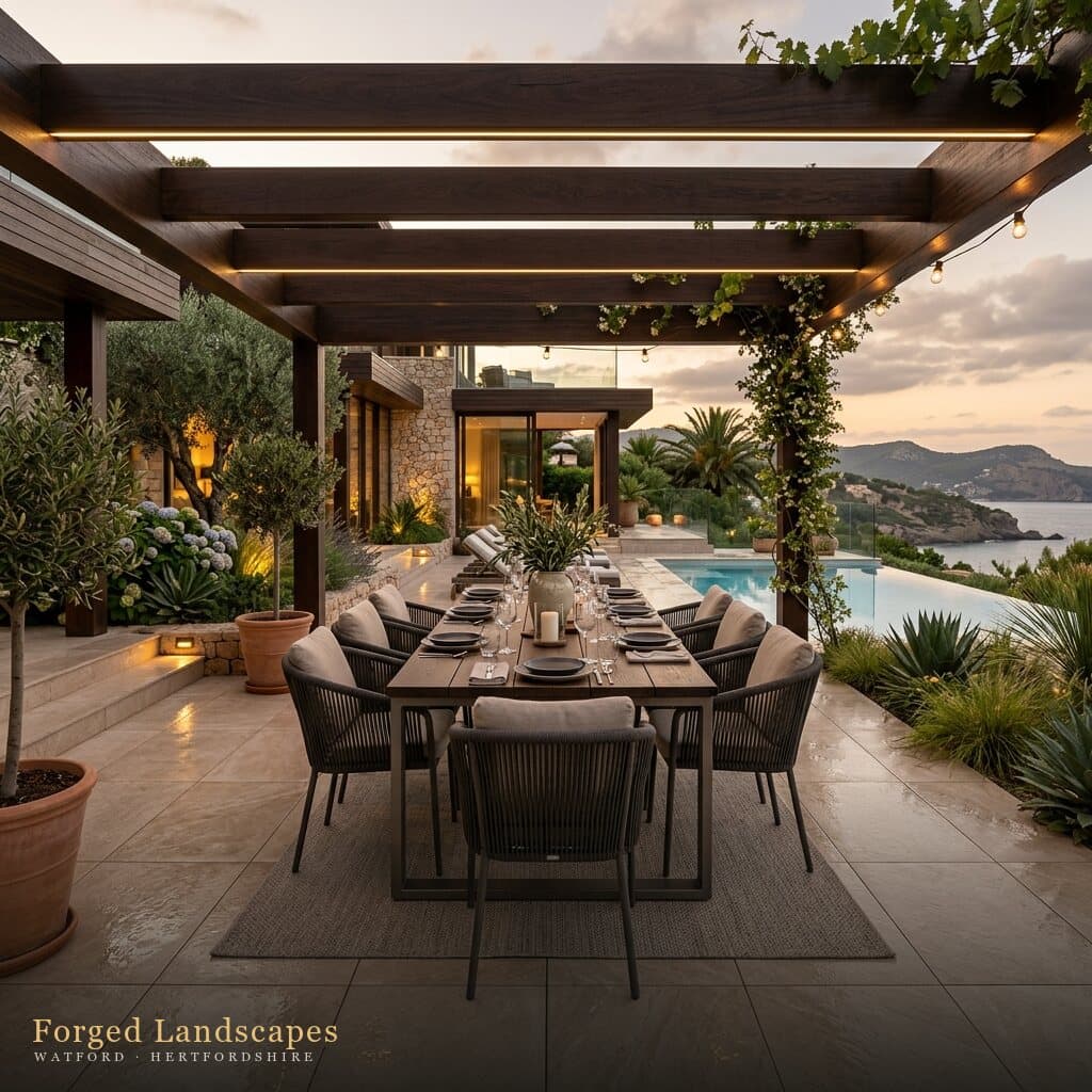 Covered pergola dining terrace lit for the evening above a garden