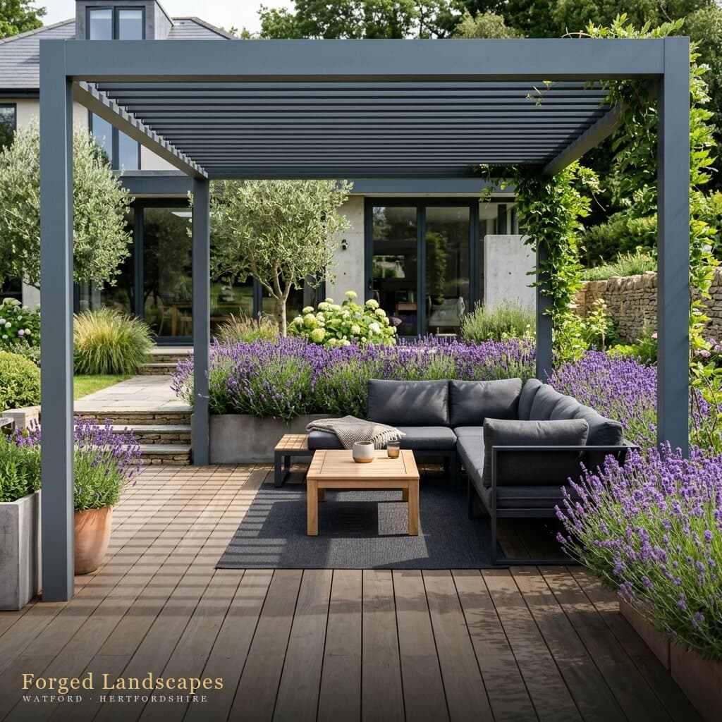 Aluminium pergola over a garden lounge with lavender and porcelain paving