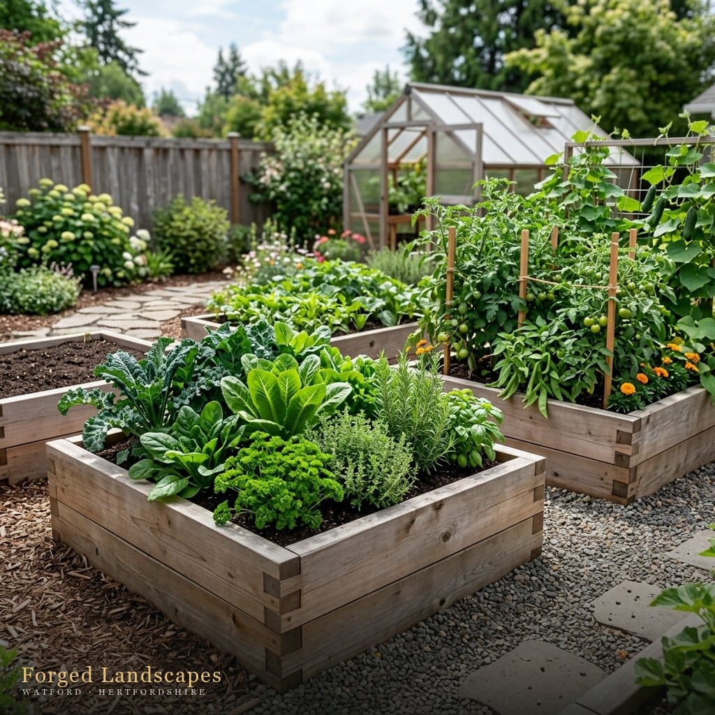 Timber raised beds planted with vegetables beside a greenhouse