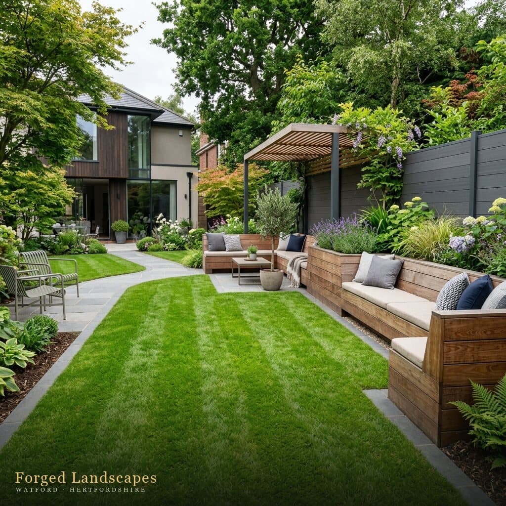 Striped lawn framed by a timber bench seat, pergola and mixed planting