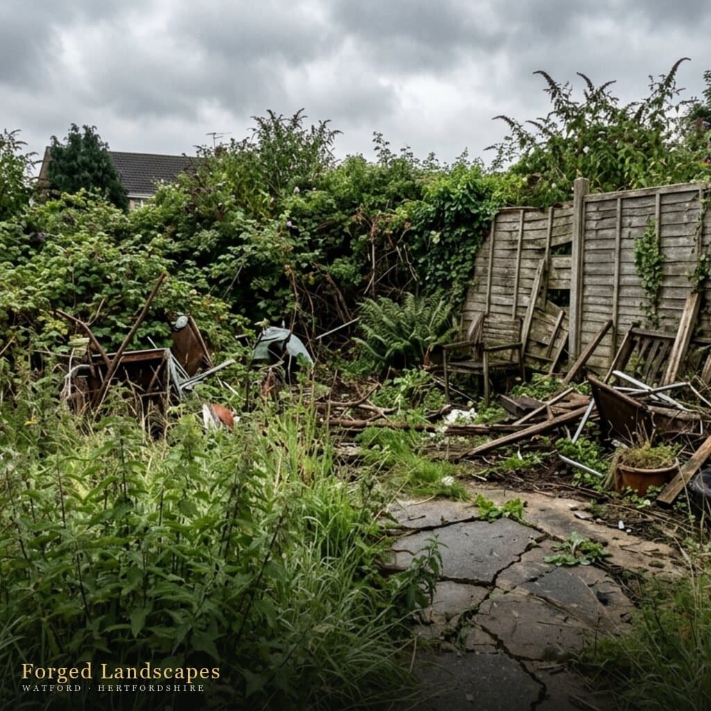 Overgrown, neglected garden before clearance and redesign